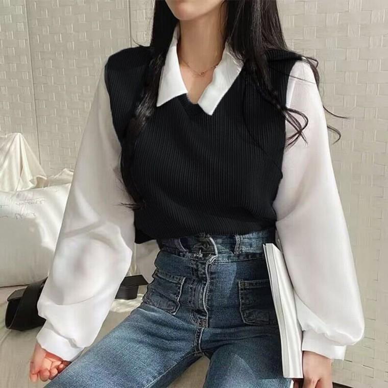 페이크카라 배색 니트 블라우스 출근룩 오피스룩 긴팔블라우스 페이크블라우스