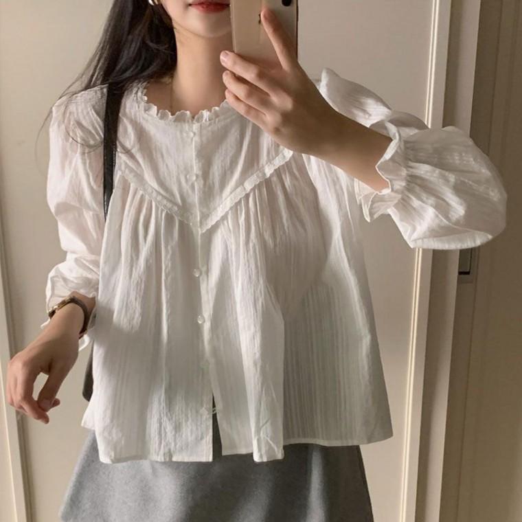 라운드 펀칭 레이스 블라우스 여성블라우스 셔츠블라우스 쉬폰블라우스 가을블라우스 하객블라우스