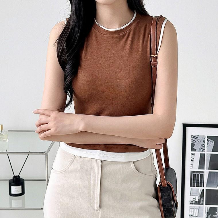 여성 여름 민소매 배색 레이어드 슬림 티셔츠