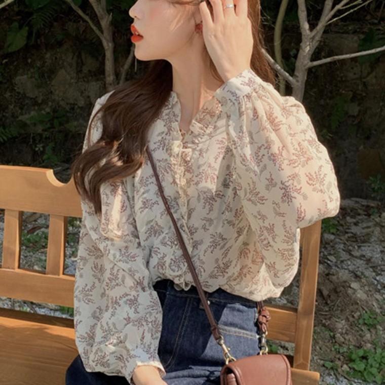 레이스 포인트 블라우스 플라워 블라우스 프릴 여자 쉬폰 레이스 쉬폰