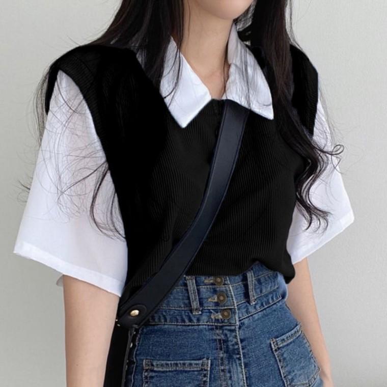 [페이크카라]3color 배색 반팔 니트