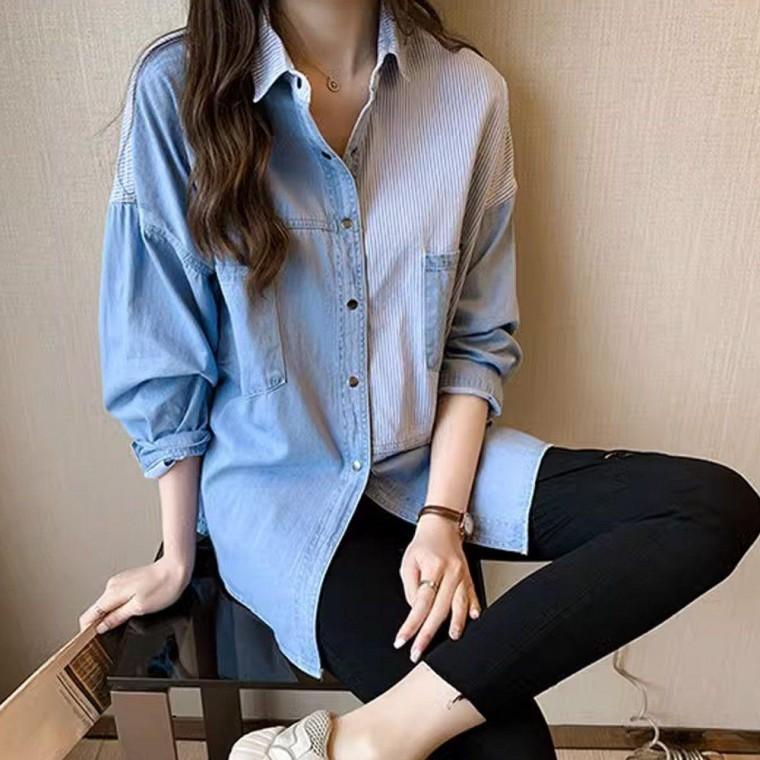여성 루즈핏 긴팔 청 데님 셔츠 남방 연청 청남방 스트라이프 가을 블라우스 청셔츠