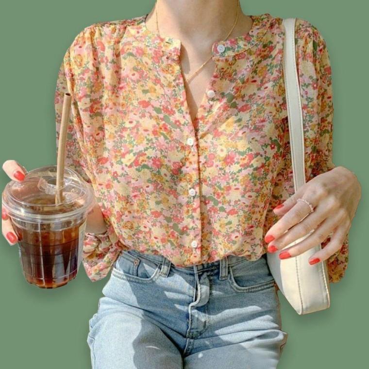 여성 벌룬 소매 꽃 무늬 플라워 블라우스 오렌지 퍼프 퍼프소매 꽃무늬 브라우스 셔츠