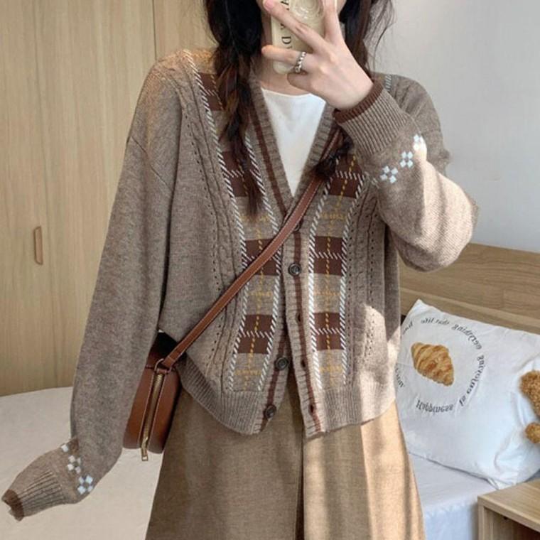 여성 봄 가을 체크 브이넥 단추 가디건 브라운 니트 봄가디건 겨울 교복 여자 여자봄