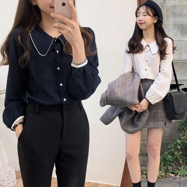 여성 카라 소매 라인 포인트 스러운 블라우스 셔츠 긴팔 여자 셔링 리본 배색 브이넥