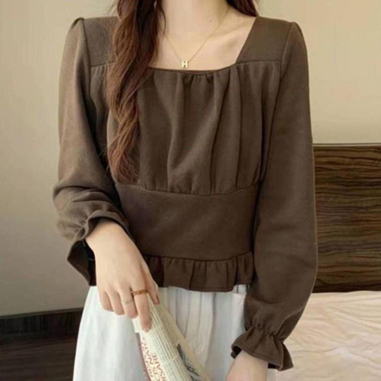 스퀘어넥 밑단 레이스 셔링 포인트 긴팔 블라우스 여성 셔츠 여자 카라 리본 배색 브이넥