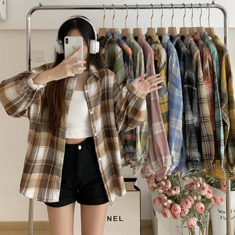 복고풍 예쁜 체크 패턴 포인트 데일리 여성 긴팔 남방