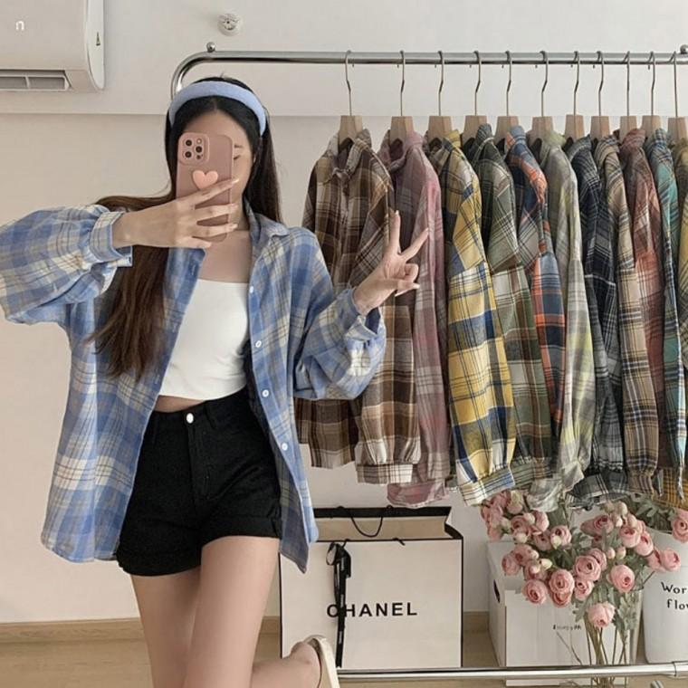 예쁜 체크 패턴 복고풍 간절기 데일리 긴팔 남방