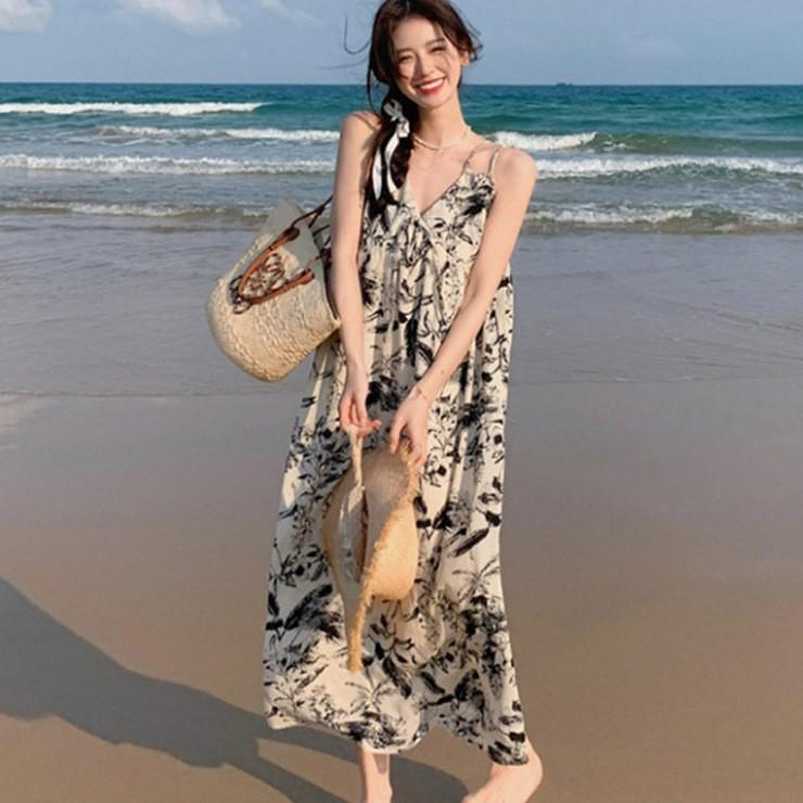 수묵화 플라워 패턴 앞리본 여름 원피스