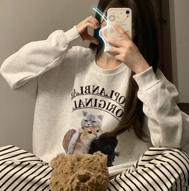 여성 냥냥 고양이 프린팅 맨투맨 티셔츠 라운드넥 긴팔 티셔츠