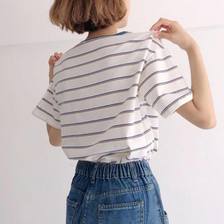 와이드 여성영 줄무늬 반팔 티셔츠 여름 티셔츠 영 의류 반팔 와이드