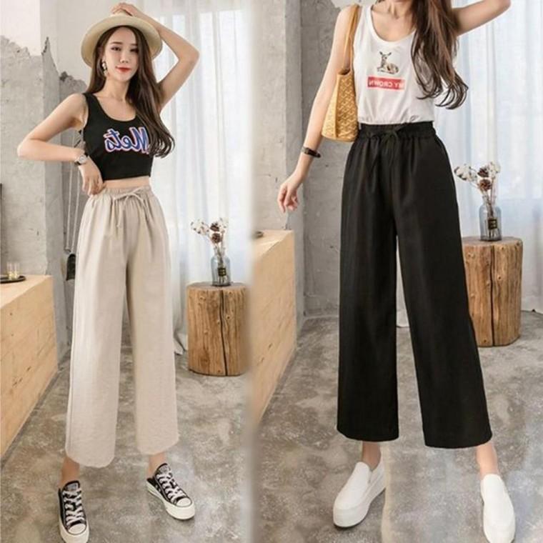 팬츠 와이드 고무줄 바지 여성 9부 바지 린넨 여름 긴 9부 배기 린넨