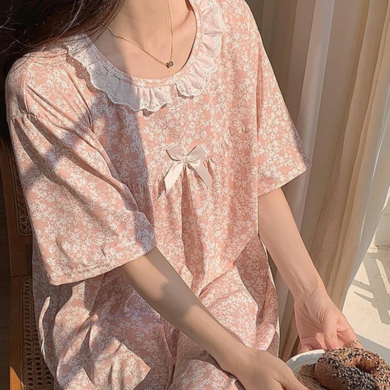 반팔 잔꽃 잠옷 원피스 플라워 파자마 라운지웨어 꽃무늬 잠옷 잔꽃