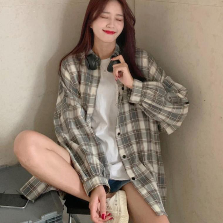 여성 롱 루즈핏 오버핏 긴팔 체크 셔츠 남방 2컬러