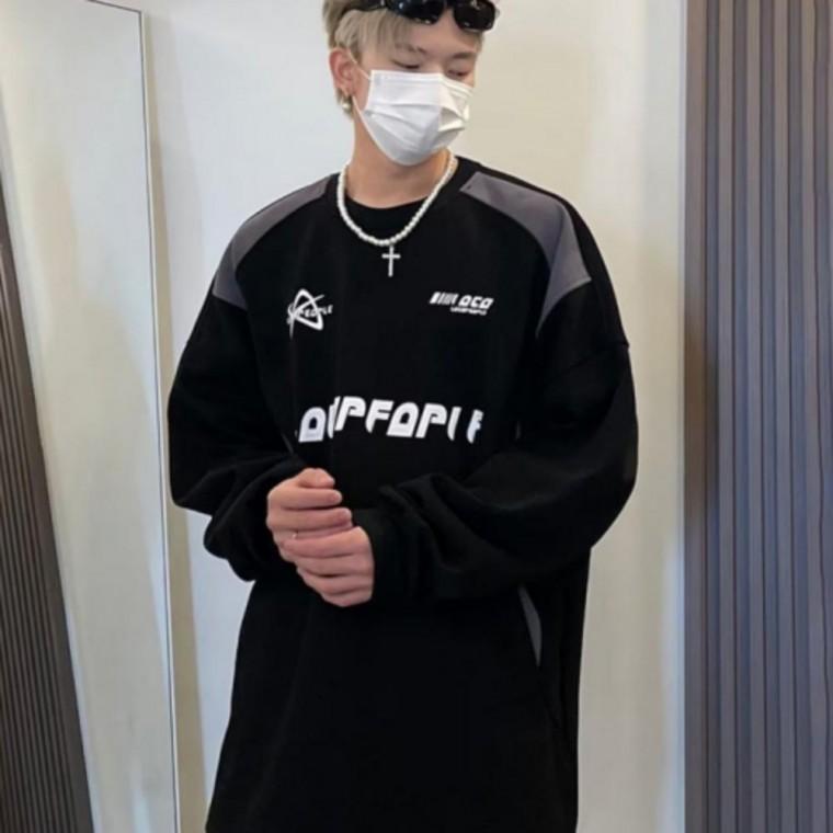 남성 2컬러 레터링 배색 루즈핏 라운드 긴팔 티셔츠