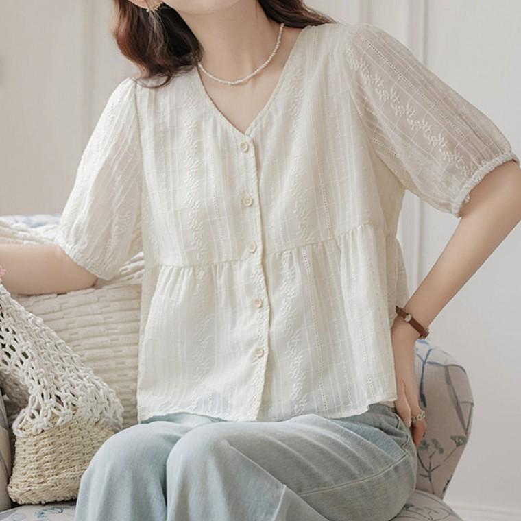 자수 플레어 브이넥 반팔 여름 블라우스