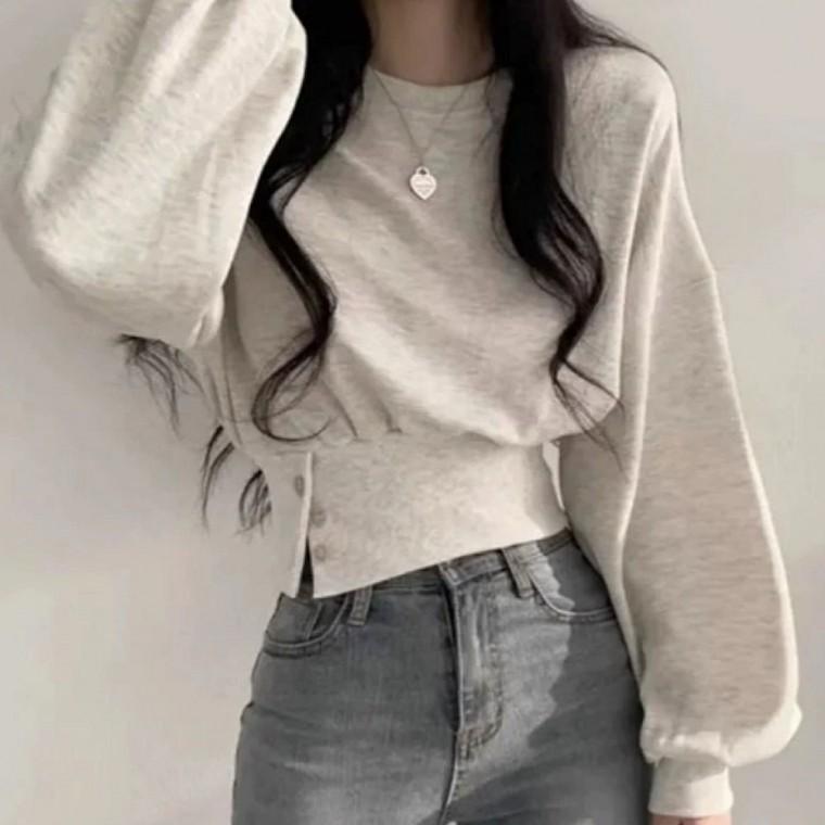 여성 버튼 크롭 긴팔 맨투맨 데일리 티셔츠