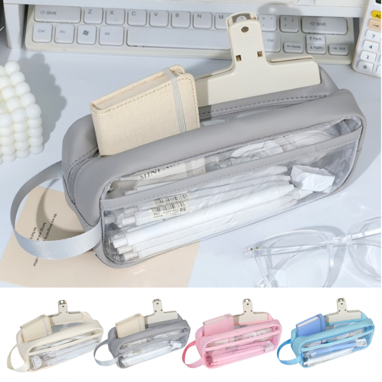 원모모어 그레이 투명 PVC 화장품 여행용 휴대용 대용량 방수 필통 펜파우치 파우치백 파우치가방 펜케이스