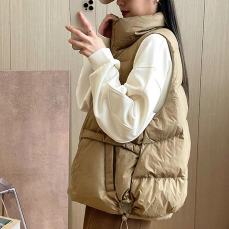 하이넥 경량 패딩조끼 루즈핏 스트링 여성 패딩 조끼