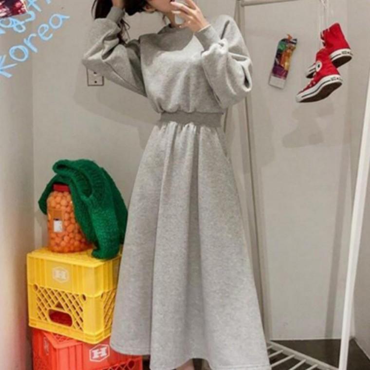 롱원피스 데일리 가을 맨투맨 하객룩 나들이 간절기 허리밴딩 라운드넥 체형커버 긴팔