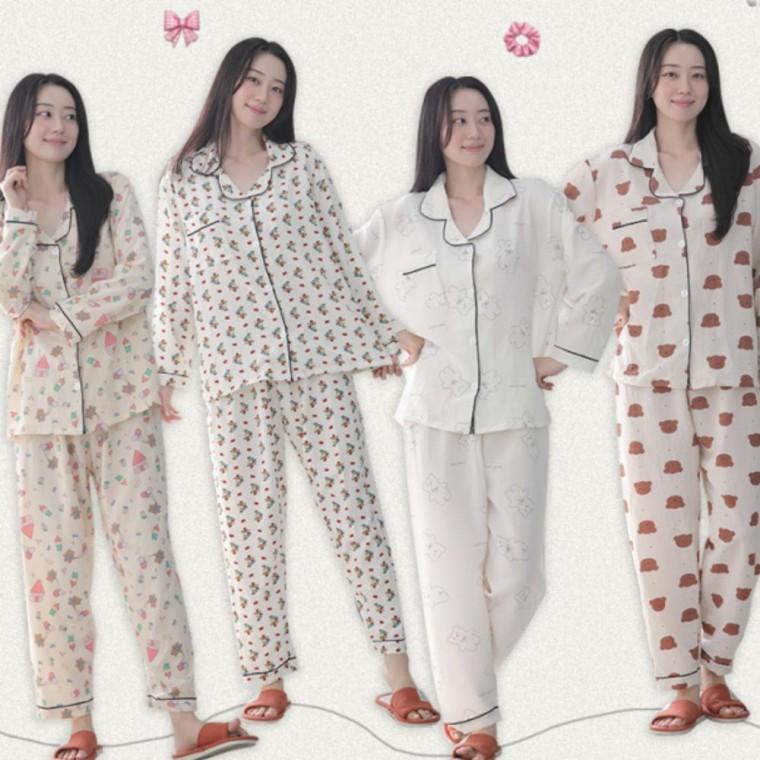 여성 긴팔 파자마 상하세트 포포면 곰돌이 잠옷 세트 단추 가을 간절기