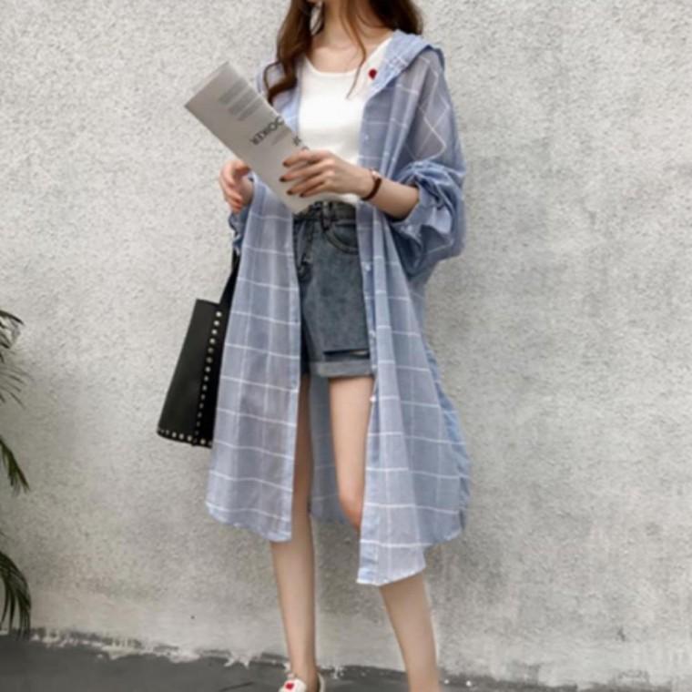 체형 커버 여성 간절기 긴팔 시스루 후드 셔츠 원피스