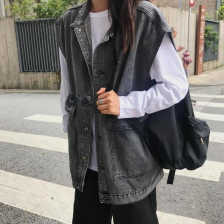 레이어드 오버핏 복고풍 블랙 청 데님 조끼 베스트