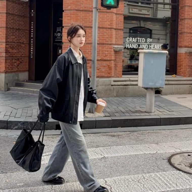 라이더자켓 오버핏 블루종 가죽자켓 라이더자켓 2컬러 점퍼 가을무드 여자