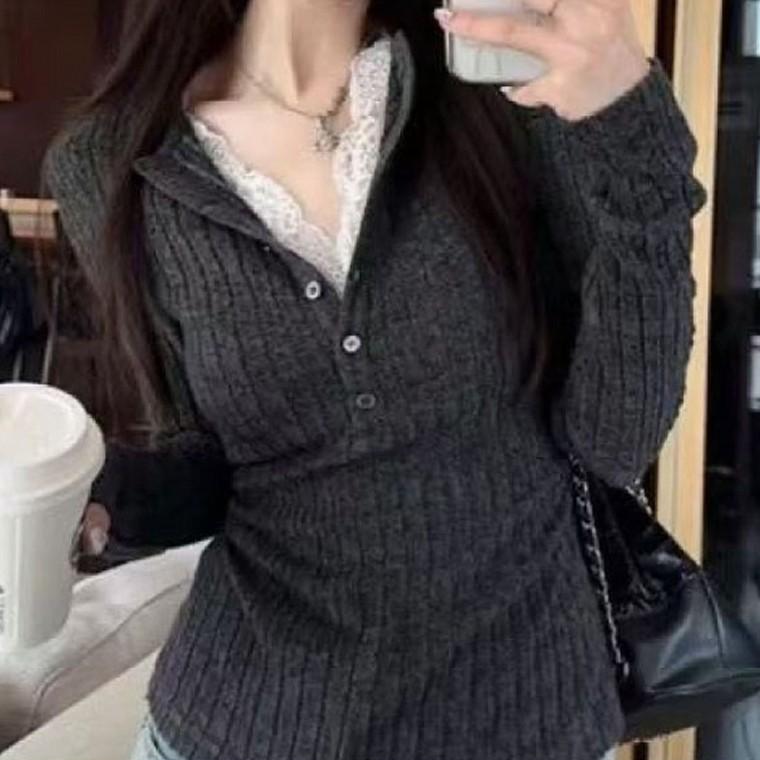 여자 레이스 포인트 슬림핏 긴팔 골지 티셔츠