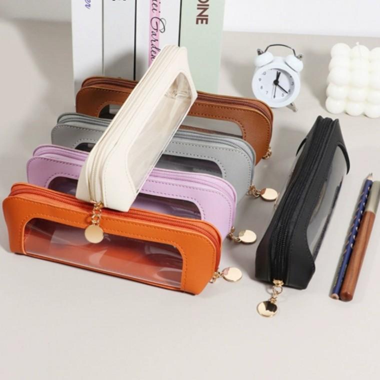 원모모어 가죽 필통 투명 화장품 메이크업 여행용 학용품 다용도 수납 보관함 대용량 파우치 가방 펜케이스