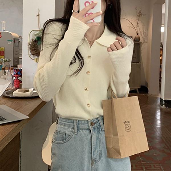 여자 카라 니트가디건 아이보리 심플 데일리 오피스룩