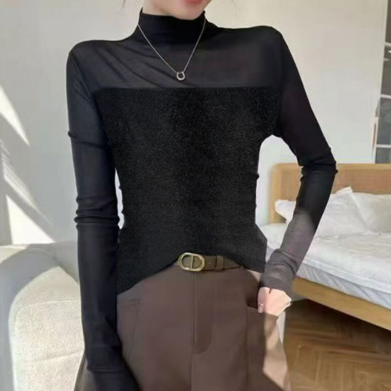 시스루 벨벳 반목 티셔츠 긴팔 여성 망사 폴라티