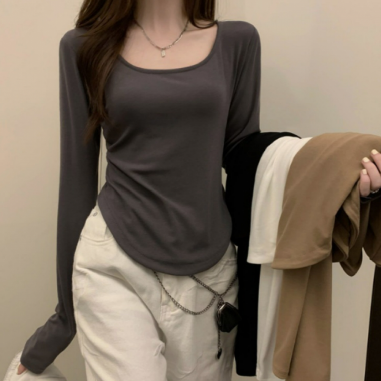 슬림라인 스퀘어넥 긴팔 티셔츠 여성 간절기 무지 데일리룩