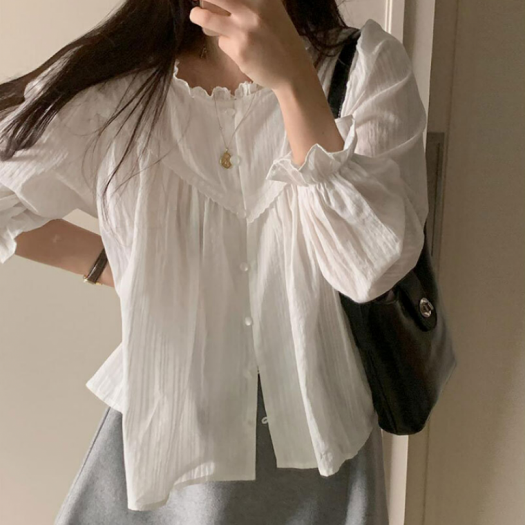 여성 라운드 펀칭 레이스 긴팔 블라우스 오피스 캐주얼