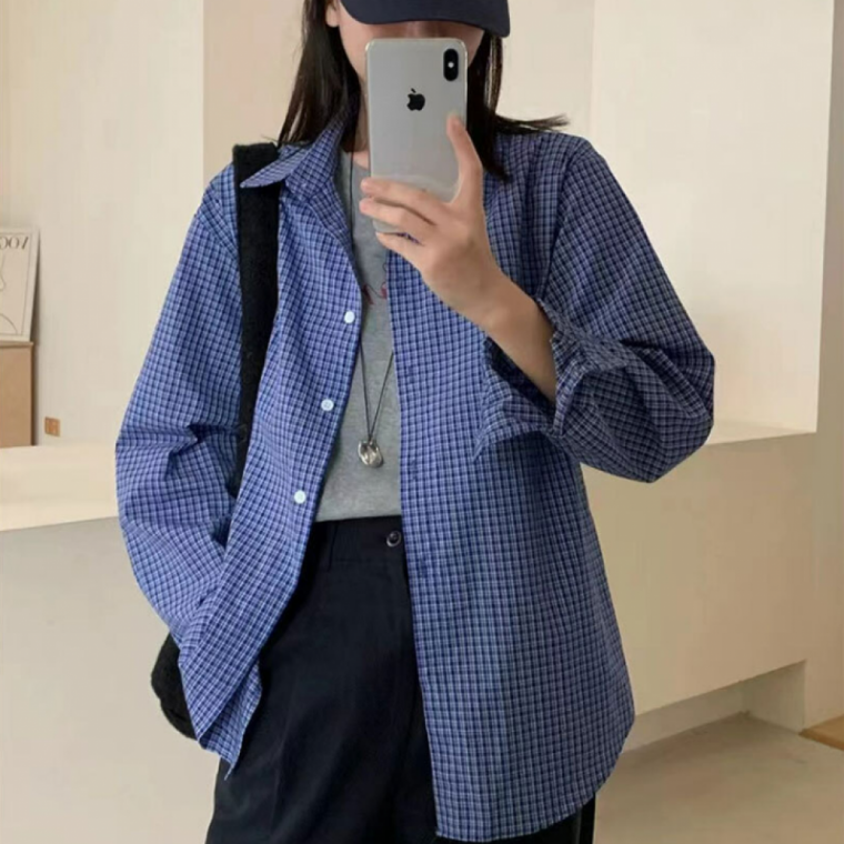 여성용 루즈핏 포켓 체크 남방 패턴 무늬 셔츠 레이어드