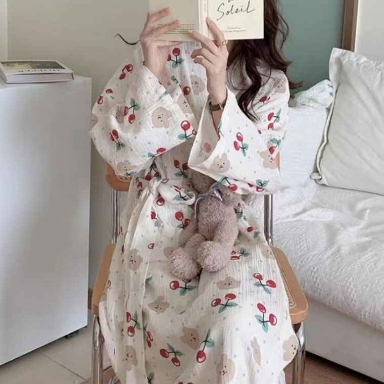 여성 패턴 요루면 긴팔 파자마 가운 홈웨어 실내복 잠옷