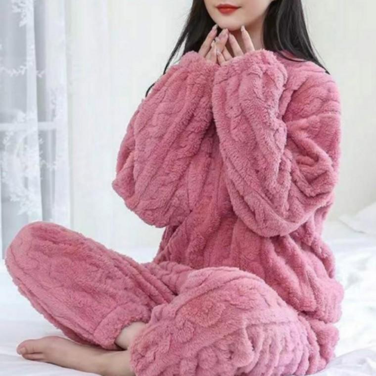 여성 극세사 꽈배기 파자마 홈웨어 겨울 수면 잠옷 세트