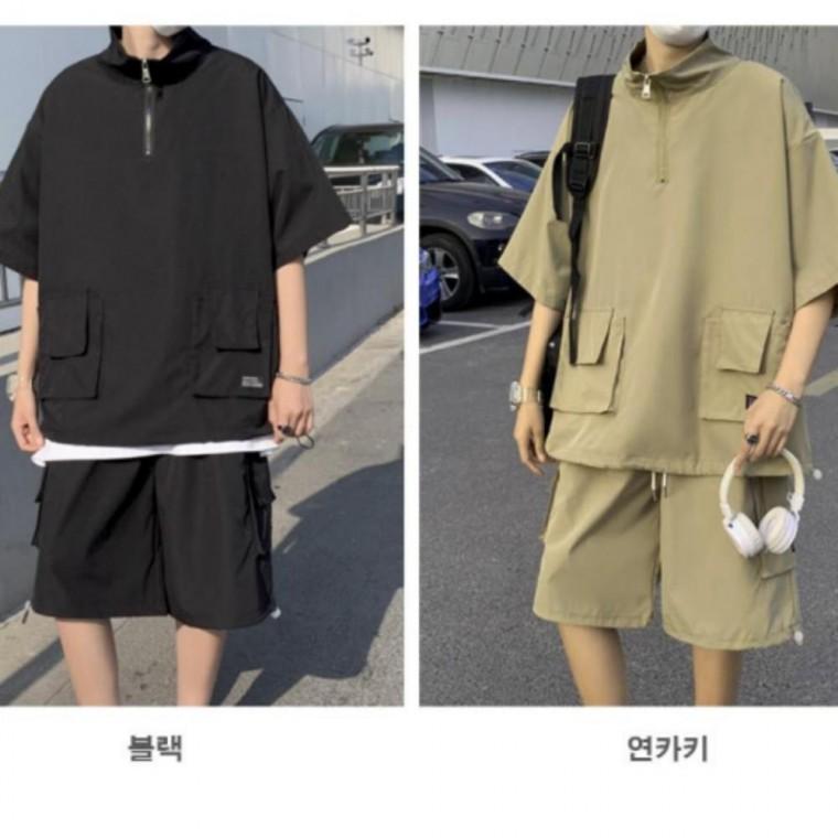 남자아노락세트 여름 운동복 조깅 반지퍼 트레이닝복 운동복 남자 한강 반팔