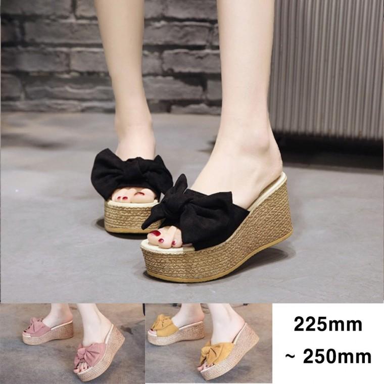 여자 여성 리본 7cm 통굽 웨지 힐 뮬 슬리퍼 샌들 샌달