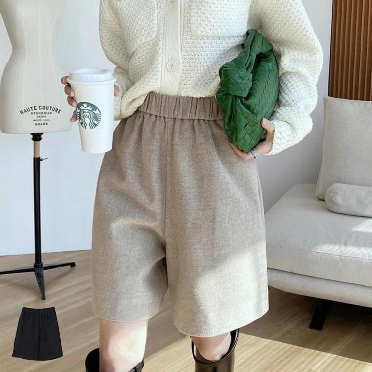 겨울 모직 반바지 여성 하이 웨스트 루즈핏 밴딩 팬츠 와이트 A라인 캐주얼 여자