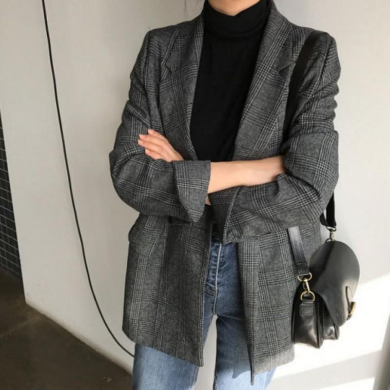 가을자켓 자켓 더블 소매 여성 가을 간절기 아우터 정장 체크 블레이져 롤업 슬림핏