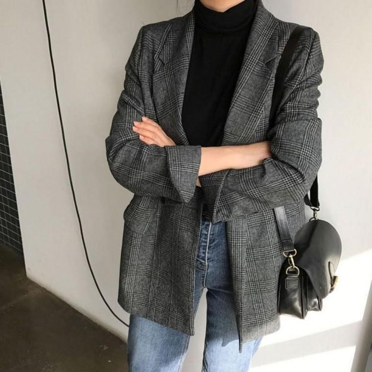 자켓 캐주얼정장 소매 체크 가을 여자가을의류 롤업 정장 재킷 가을 임부복