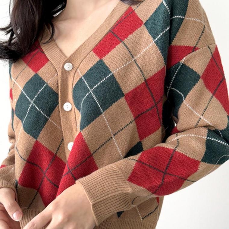 다이아 패턴 가디건 베이직 V넥 봄 가디건 가을가디건 방울 브이넥 여성아우터 여성 데일리 울 봄가을가디