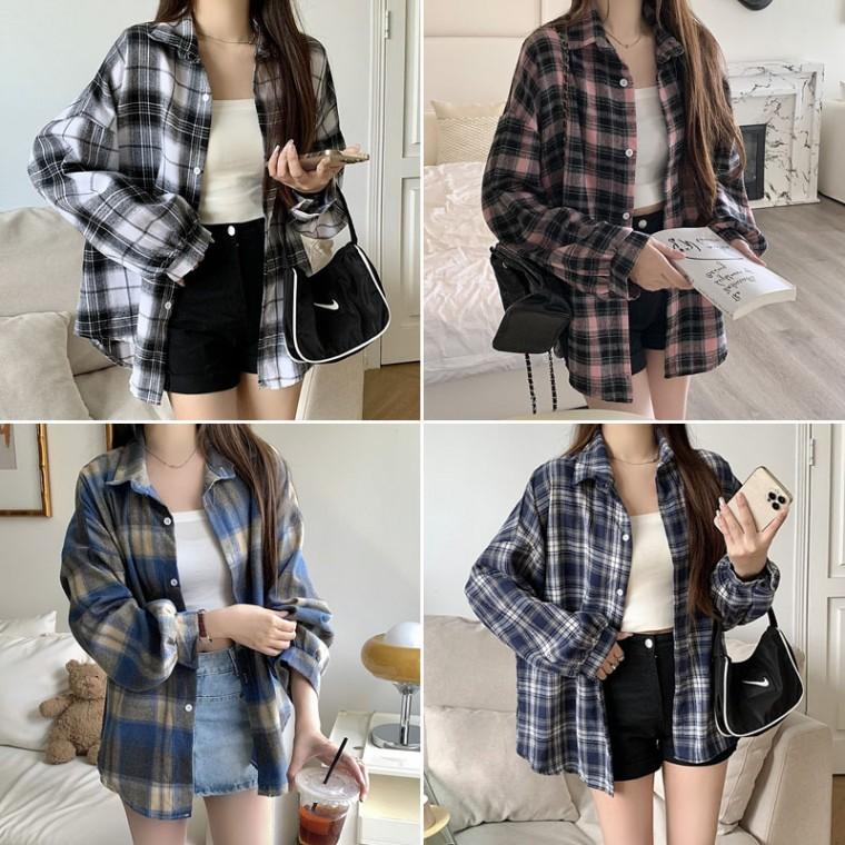 여성 여자 오버핏 루즈핏 캐쥬얼 가을 남방 체크셔츠 긴팔티