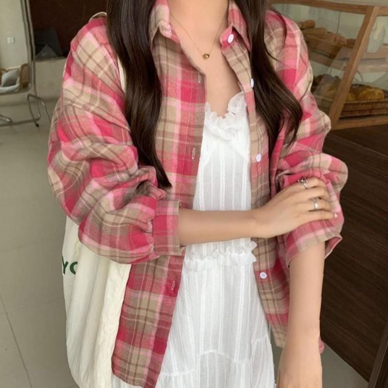 여성 봄 내추럴 가을 체크 셔츠 긴팔 남방 핑크
