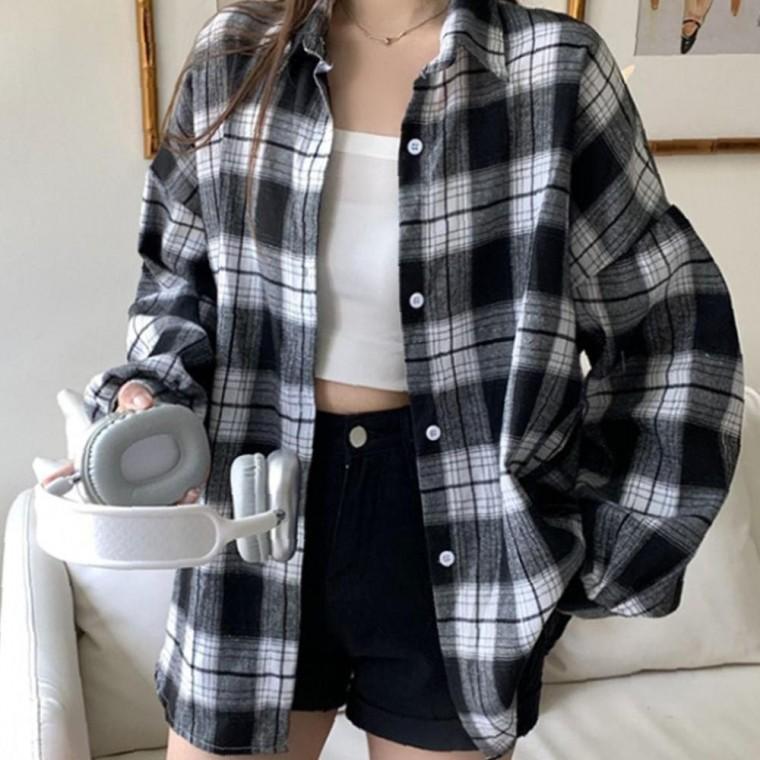 여성 봄 차분한 가을 체크 셔츠 긴팔 남방 블랙