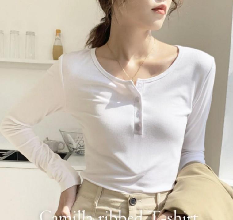 여성 골지 스판 긴팔 티셔츠 헨리넥 단추 쫄티 슬림핏 기본이너 티 가을 레이어드 상의