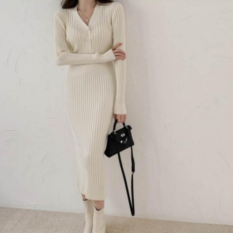 가을 간절기 나들이 데일리 하객룩 가을겨울 니트롱원피스 여성 하객 미디 골지 긴팔 가슴단추