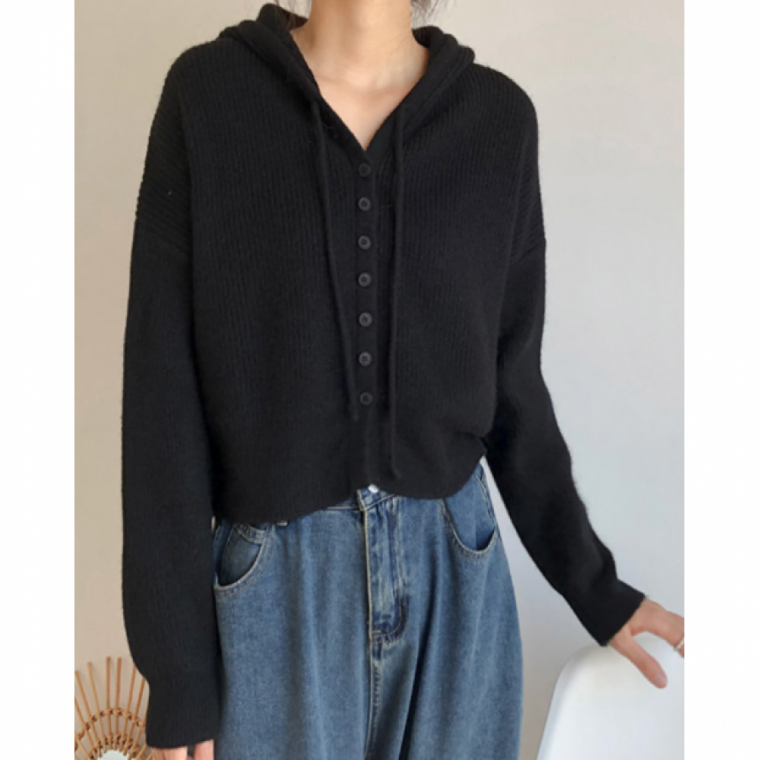 봄가을 여자 가을 봄 숏 루즈핏 후드 크롭 블랙 가디건