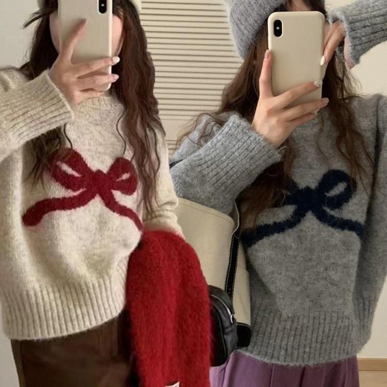 넥 라운드 가을 겨울 예쁜 리본 니트 티 가을 이쁜 여자 여성 예쁜